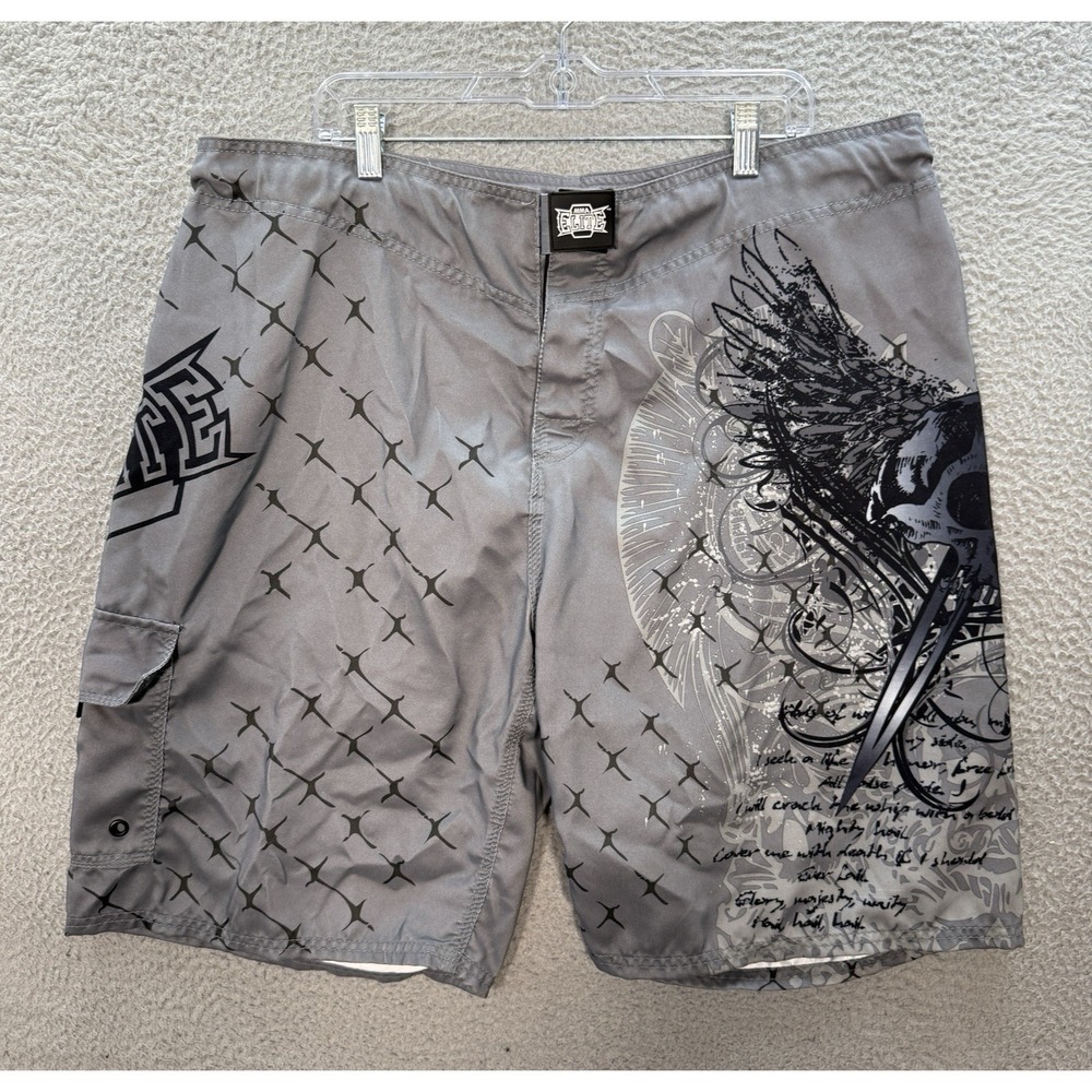 MMA Elite Board Shorts Mens Extra Large Gray Black Skull Swim Trunks Surfer Y2K